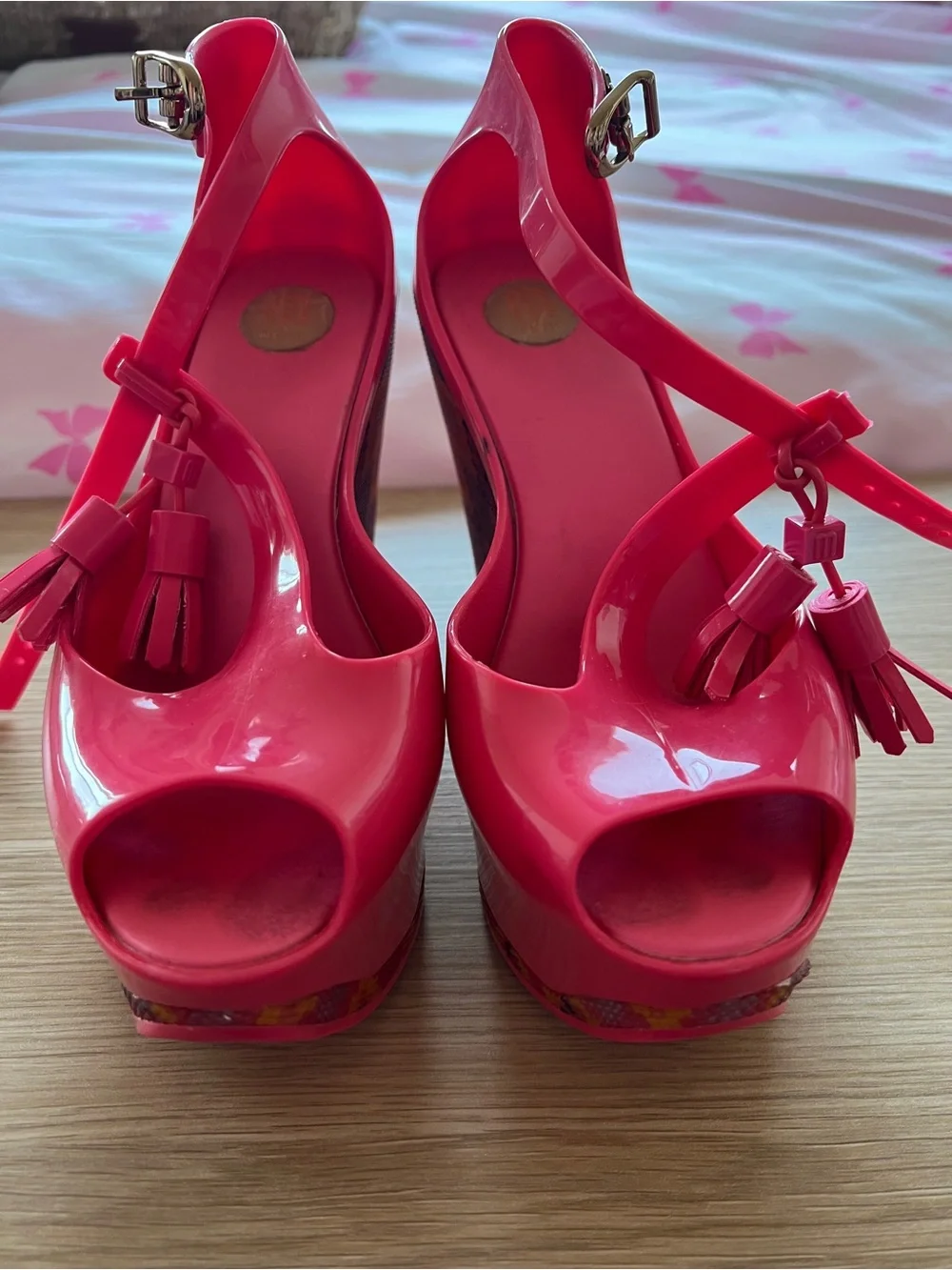 Melissa Hot Pink Peep-Toe Platform Wedges Sandals US Size 5